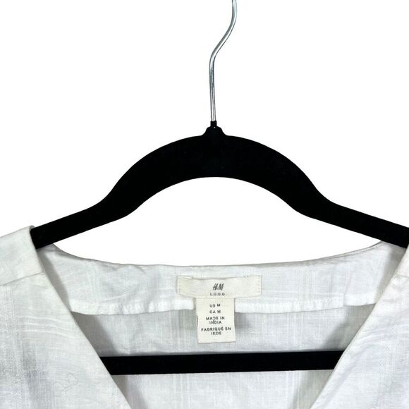 H&M Tunic Blouse Top Stripe Linen Blend Boho V Neck 3/4 Tie Sleeve White Women M - Picture 3 of 5